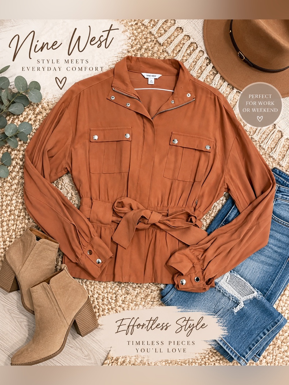 Nine West Women's Rust Tie-Waist Utility Jacket